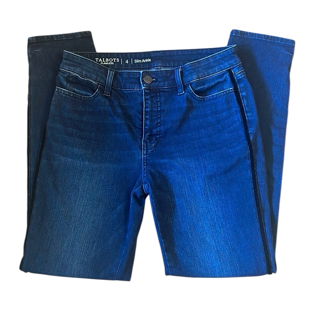 Talbots Flawless Stretchy Black Velvet Trim Sides Blue Wash Slim Ankle Jeans 4